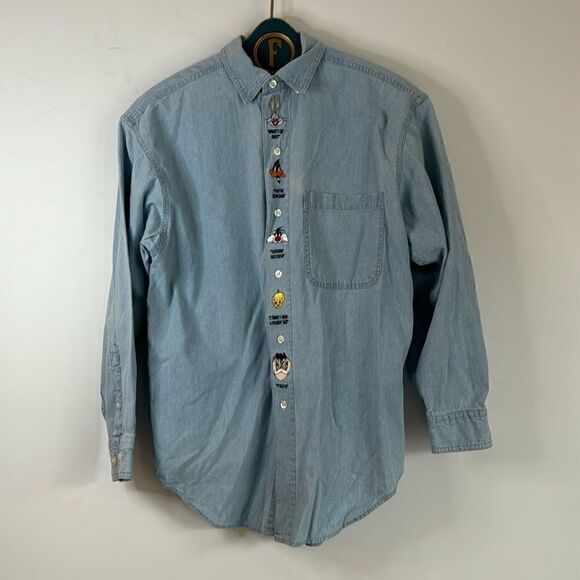 Vintage Warner Bros Looney Tunes Denim Chambray Button Long Sleeve Cotton Size S - Picture 1 of 7
